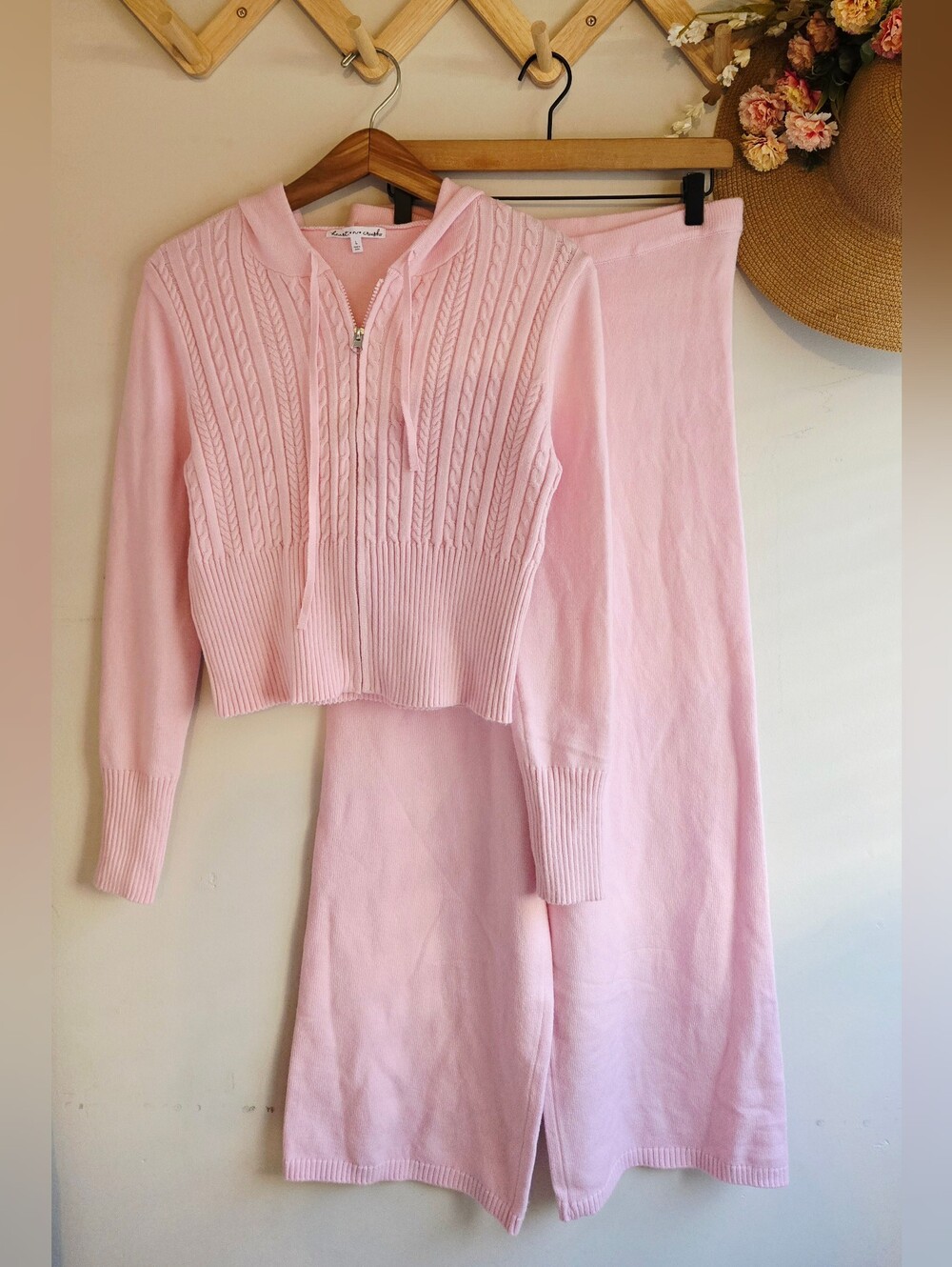 Heart & Crush Pink Cable Knit Zip Hoodie & Wide Leg Pants Set